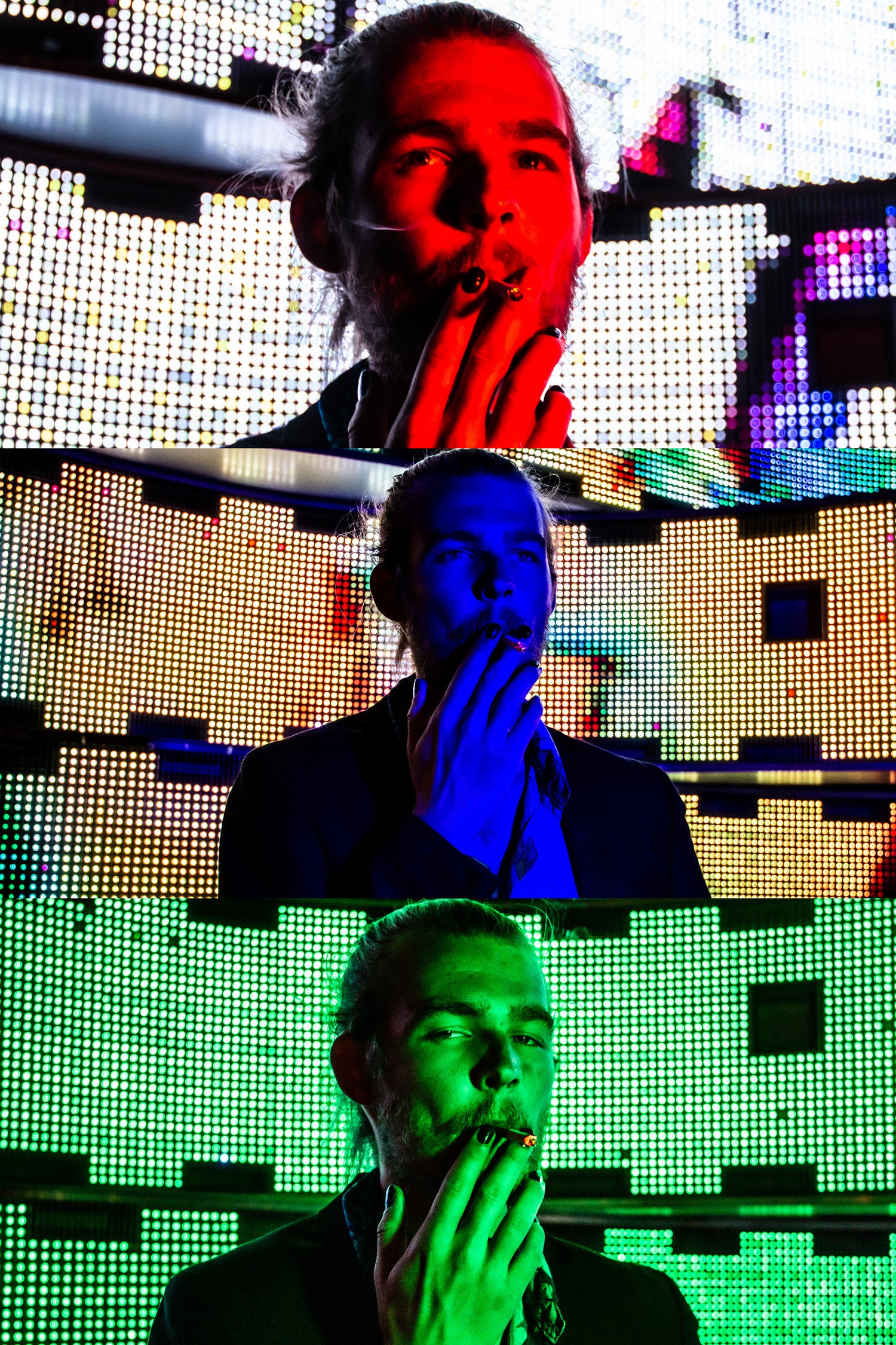 Three people with their faces projected onto a colorful digital display.