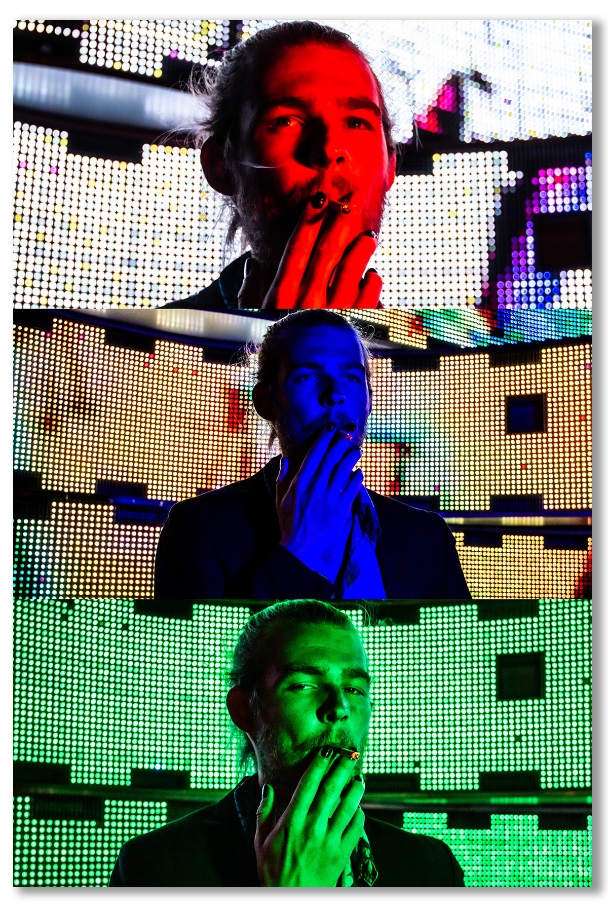 Three images of a person with their hand over their mouth, each colored red, blue, and green respectively.