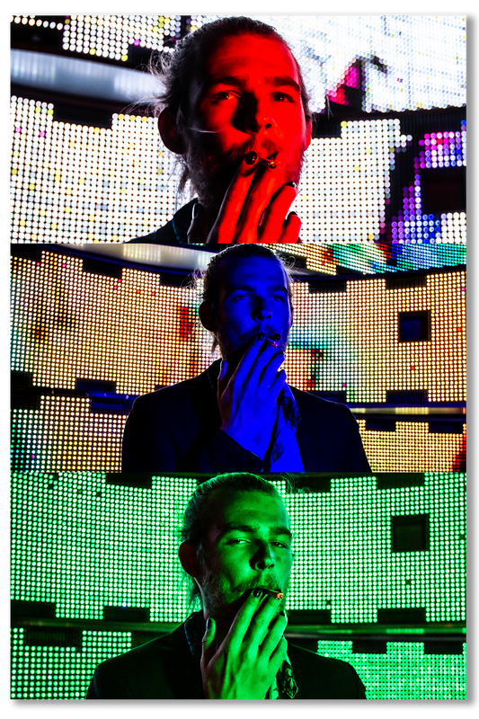 Three images of a person with their hand over their mouth, each colored red, blue, and green respectively.