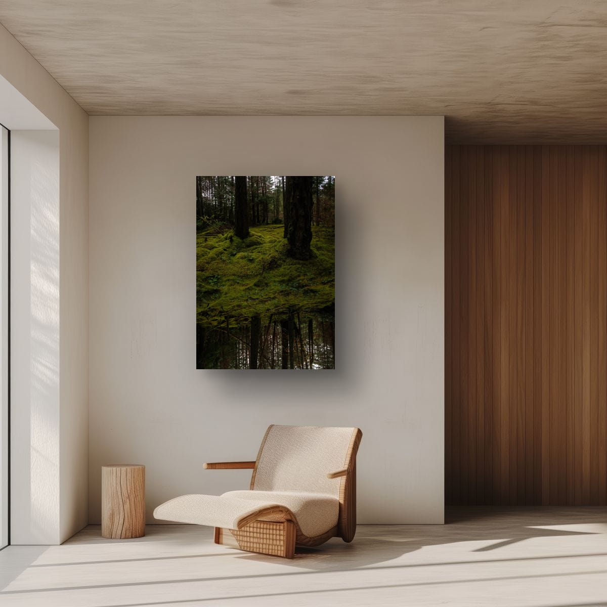 Modern interior with a chair and a nature-themed wall art piece.