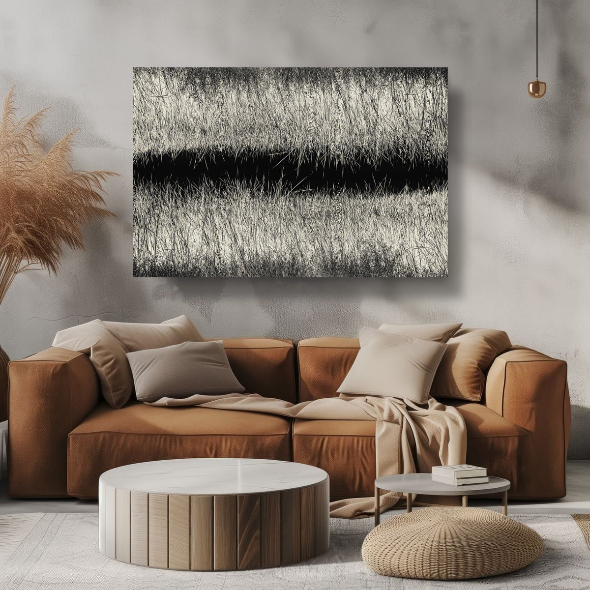Modern living room with brown sectional sofa, round wooden coffee table, and abstract art on the wall.