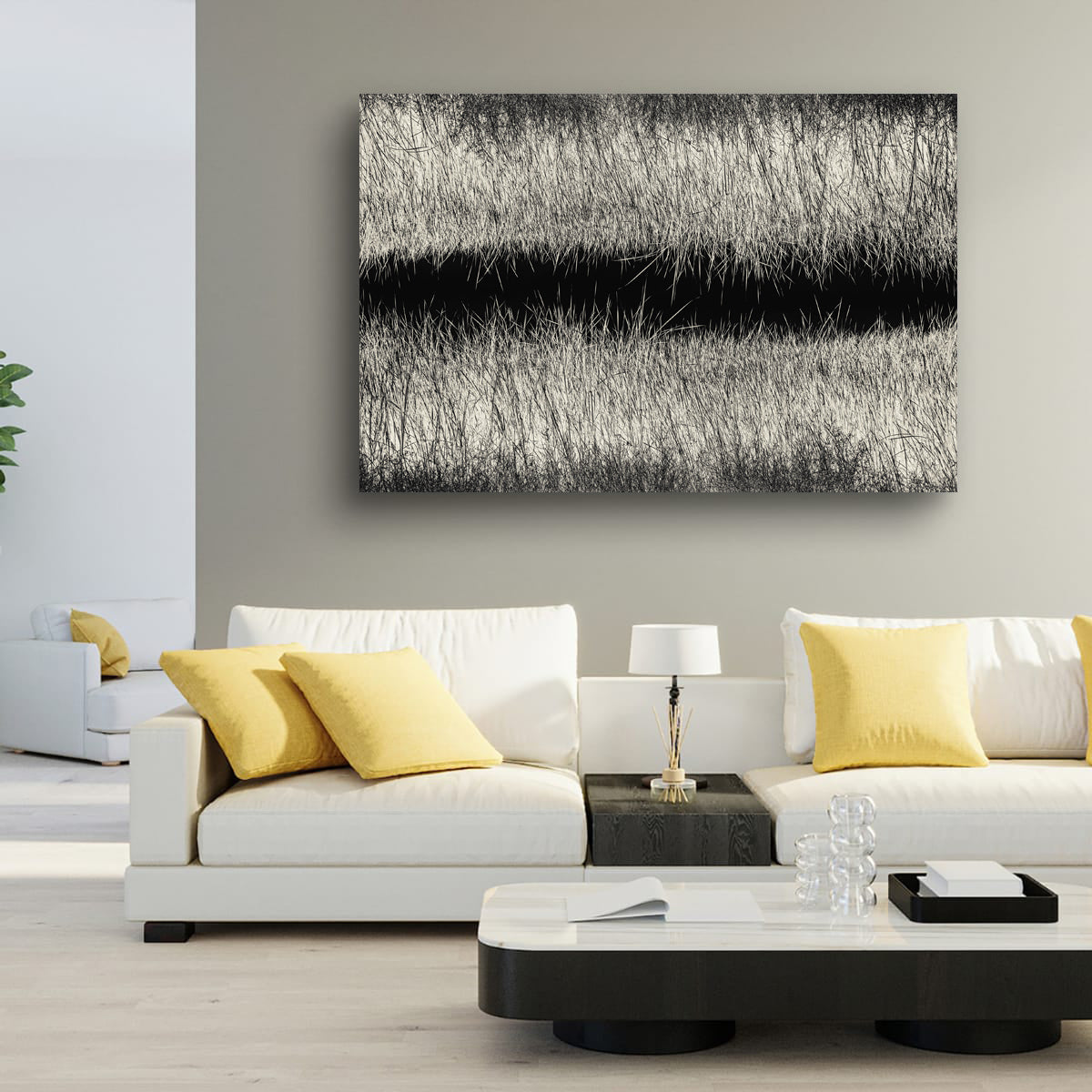 Modern living room with a white sofa, yellow cushions, and a black and white abstract painting on the wall.