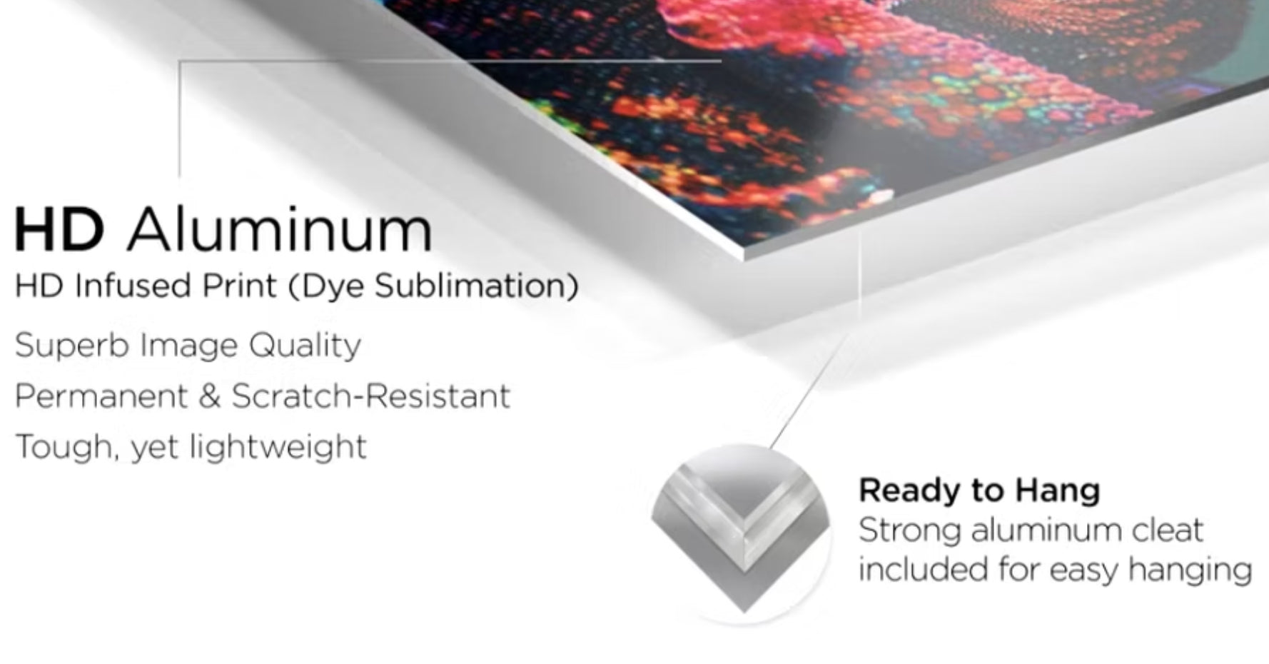 HD Aluminum Infused Print with text highlighting features on a white background