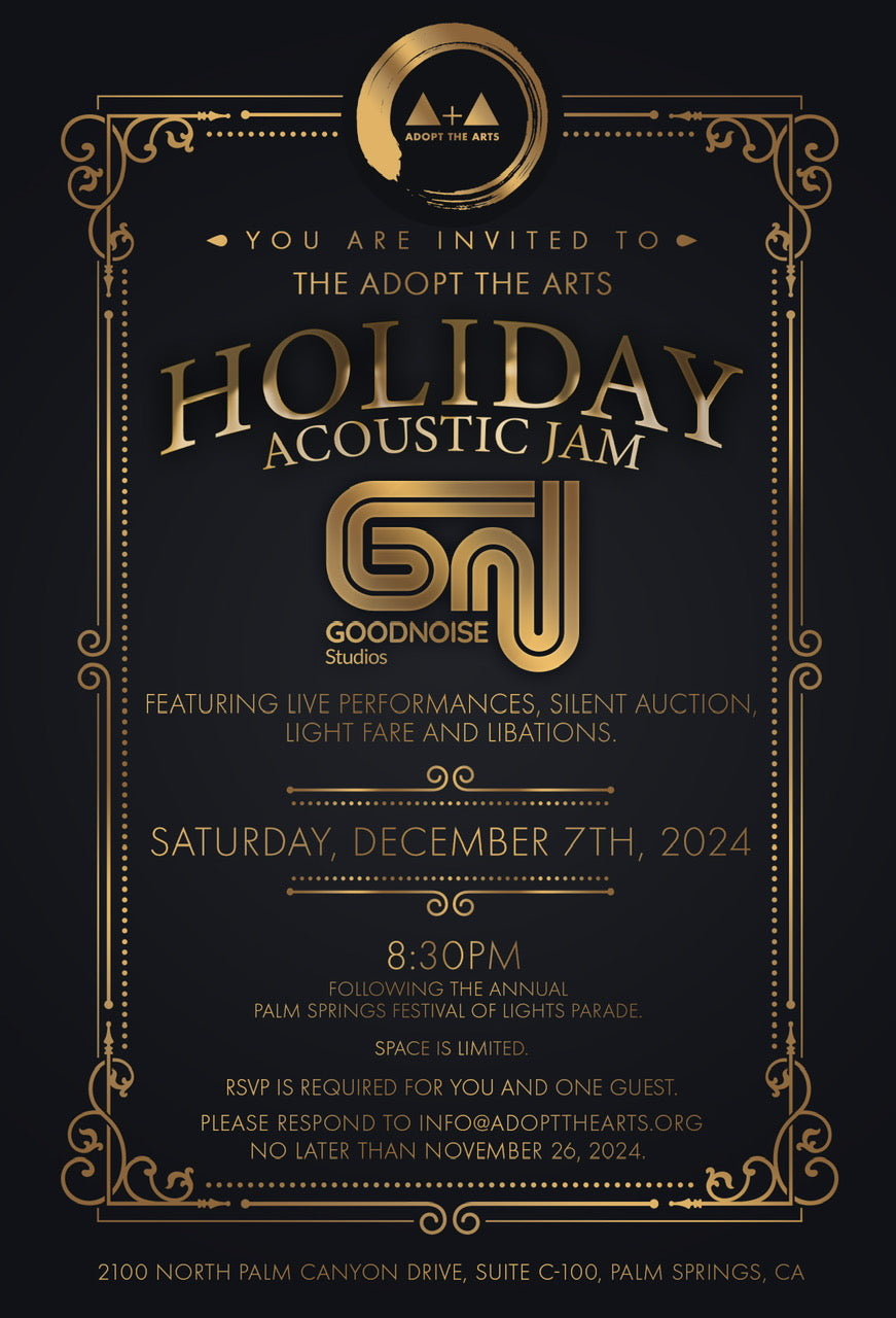 Adopt The Arts Holiday Acoustic Jam invitation details in gold text against black background