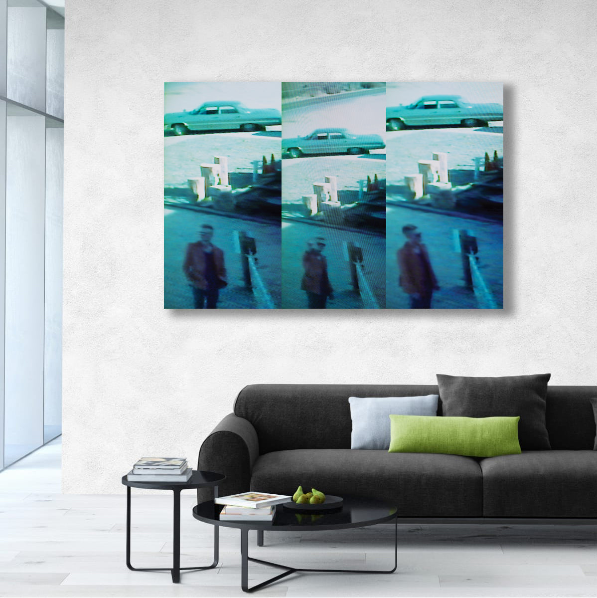Modern living room with a large wall art piece featuring a turquoise car and person.