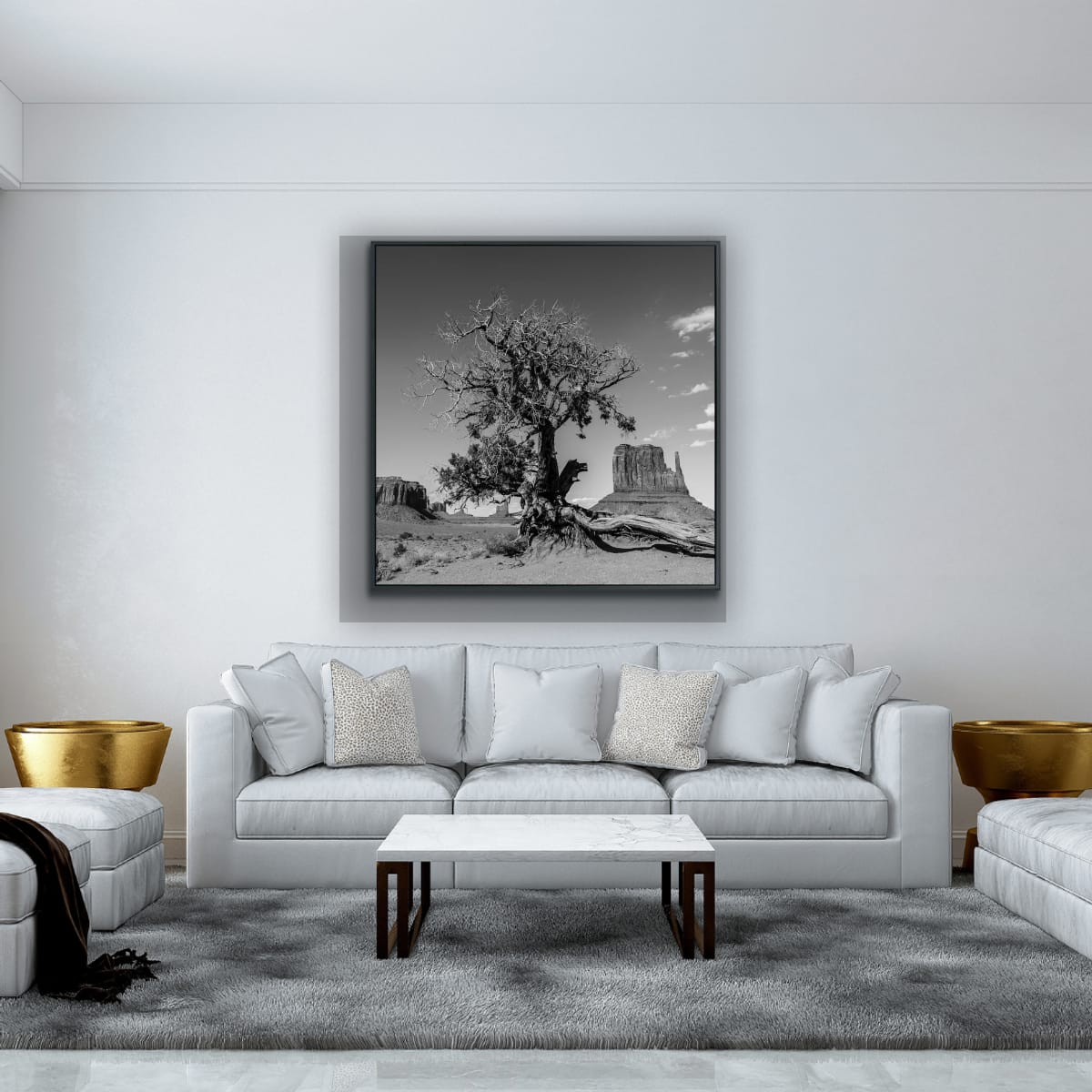 Living room with a cool tones, white sofa, coffee table, and wall art of a black and white photograph of a dried desert tree, iconic Monument Valley buttes in background.