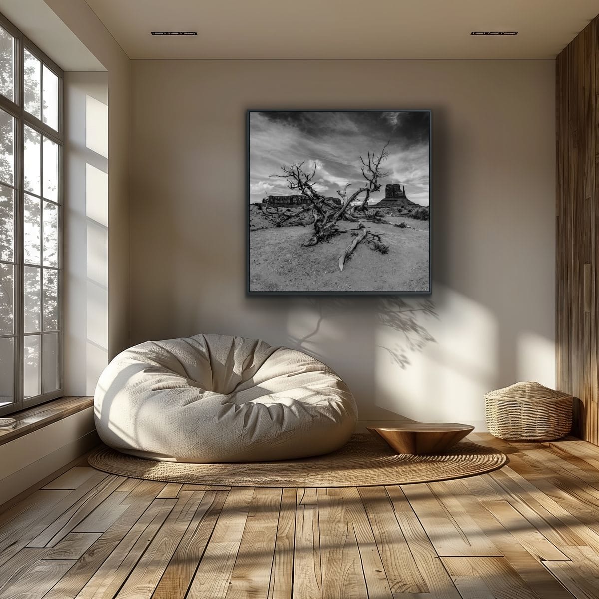Cozy room with a bean bag chair, wooden floor, and wall art depicting a desert with a dead tree and Monument Valley in the background.