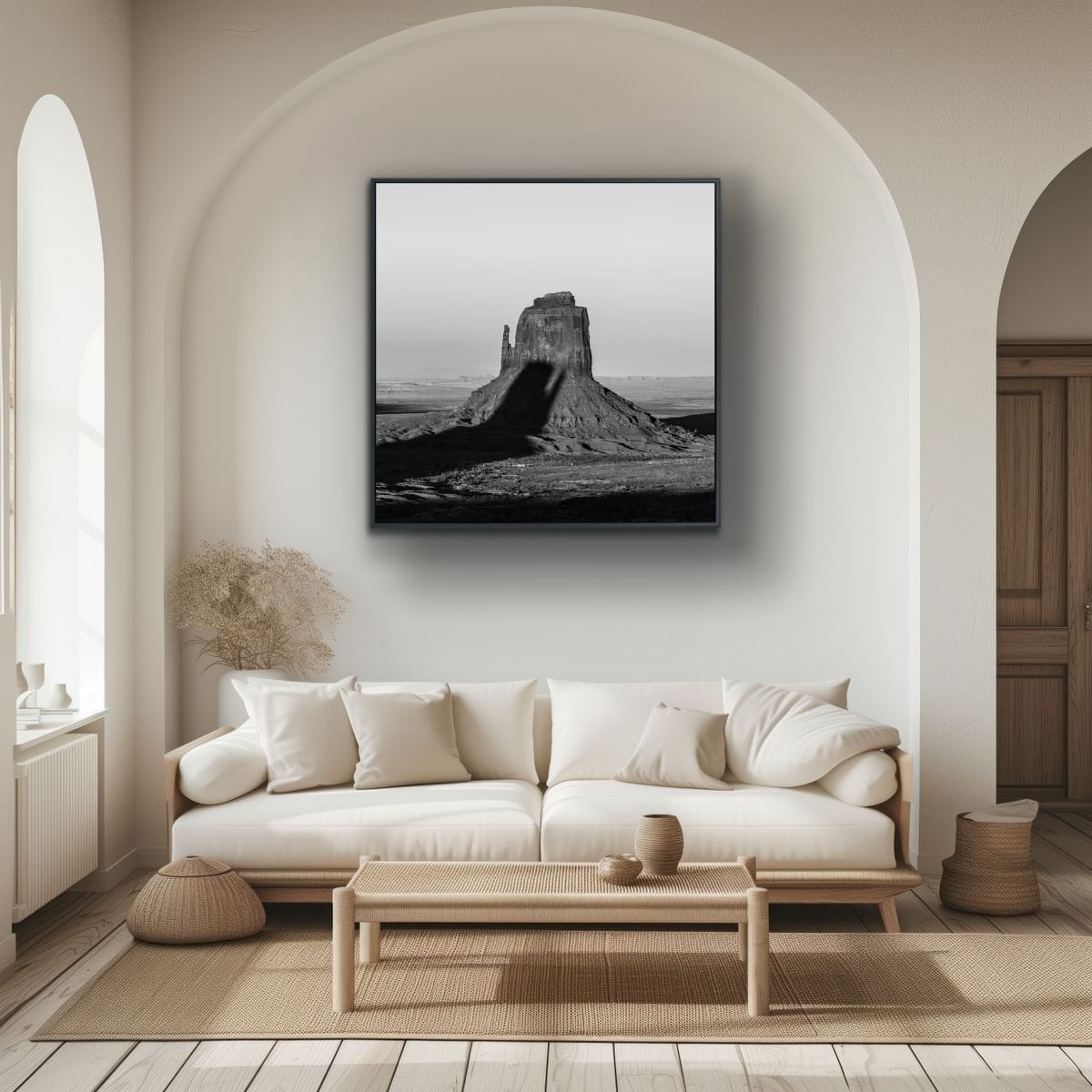 Modern living room with a white sofa, wooden coffee table, and a framed 48x48 black and white print of an iconic Monument Valley butte being shadowed by another iconic butte.