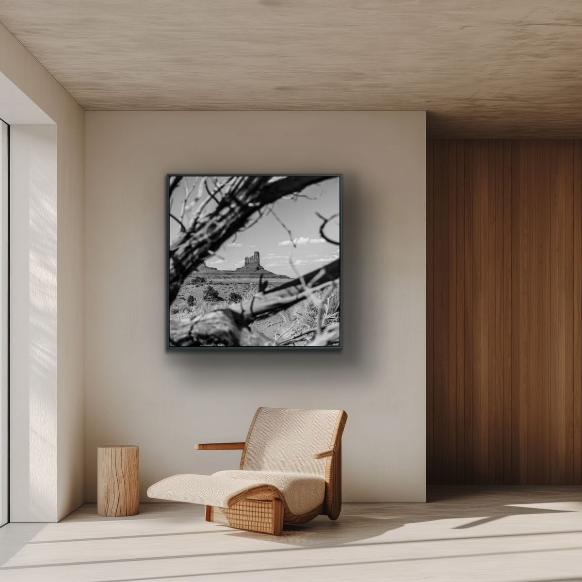 Modern interior with a chair and a framed square black and white landscape of Monument Valley with a butte in the distance, framed by branches on the wall.