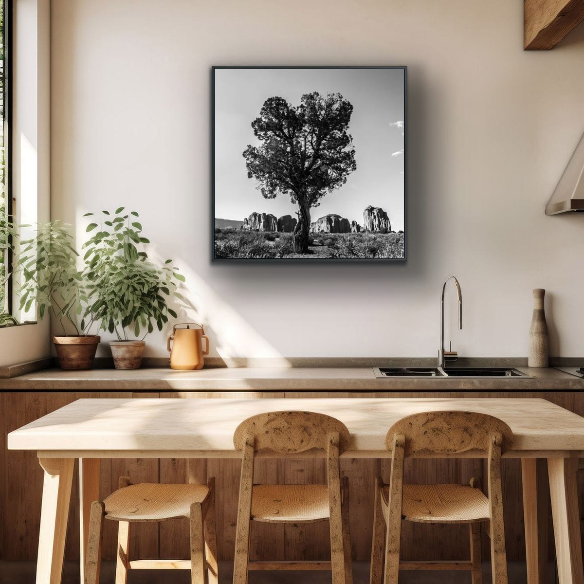 Modern kitchen with a framed black and white square photograph desert tree with Monument Valley rock ridges in distance on the wall, wooden table, and chairs.