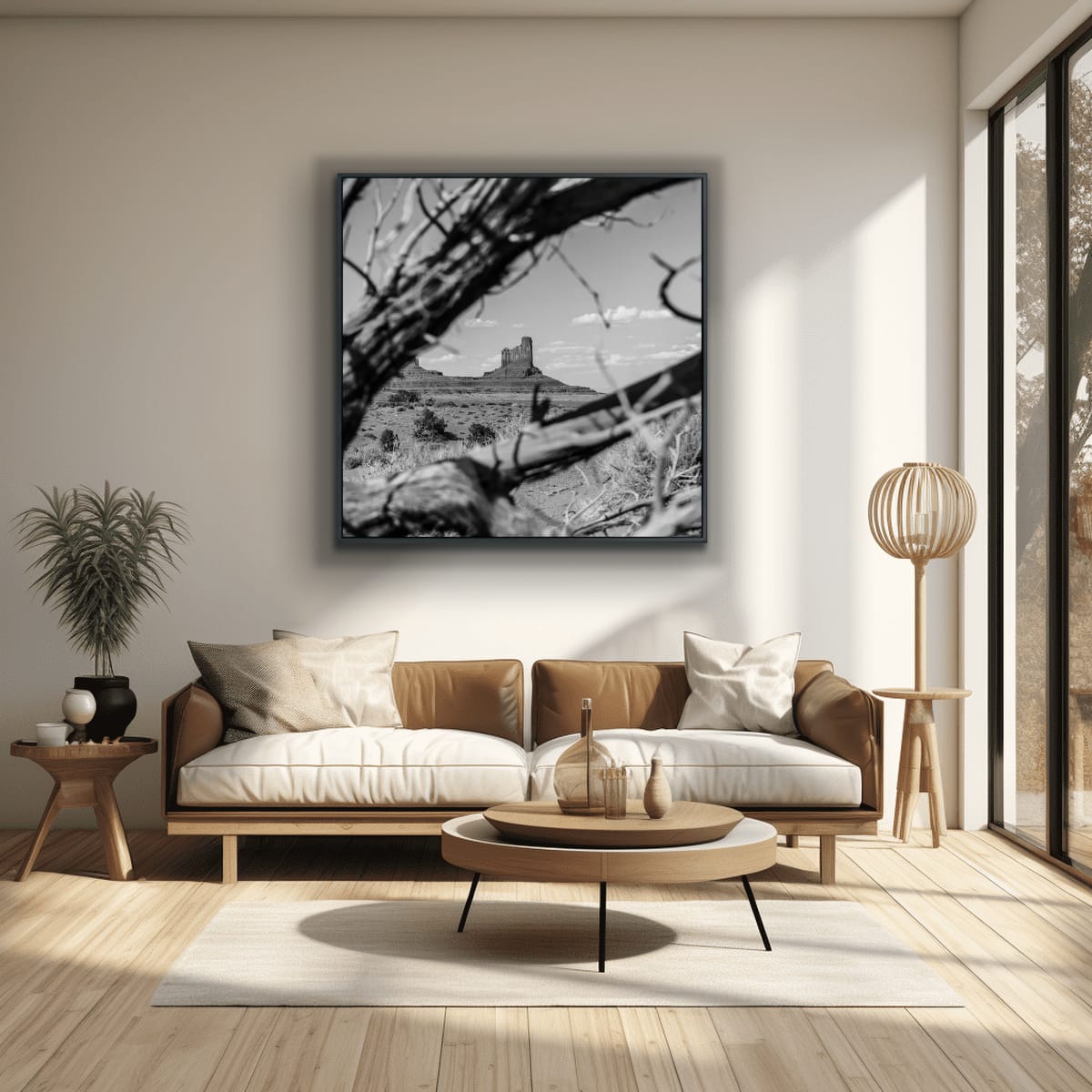 Modern living room with a sofa, coffee table, and decorative items, set against a 48x48 framed black and white landscape of Monument Valley with a butte in the distance, framed by branches.