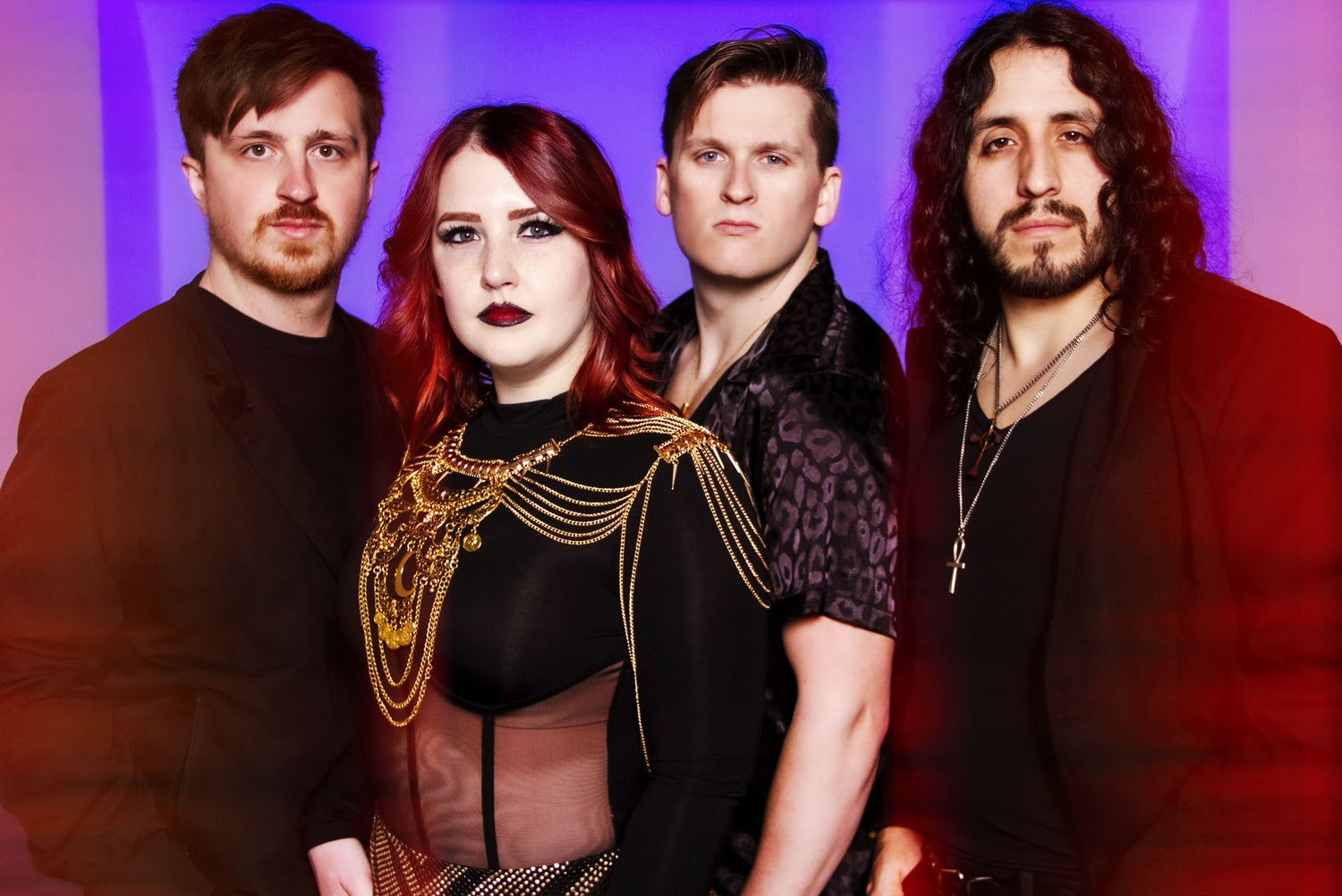 Music band photo The Almas wearing black with side red flares