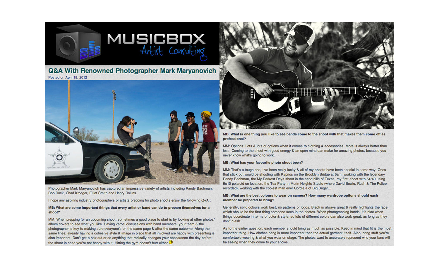 LA Portrait Photographer Mark Maryanovich Interview Publication Musicbox Artist Consulting page 1 behind the scenes photo Mark taking portrait of three band members while sitting on hood of car with black and white portrait country musician strumming guitar while smiling in front of tree in black and white on opposite side