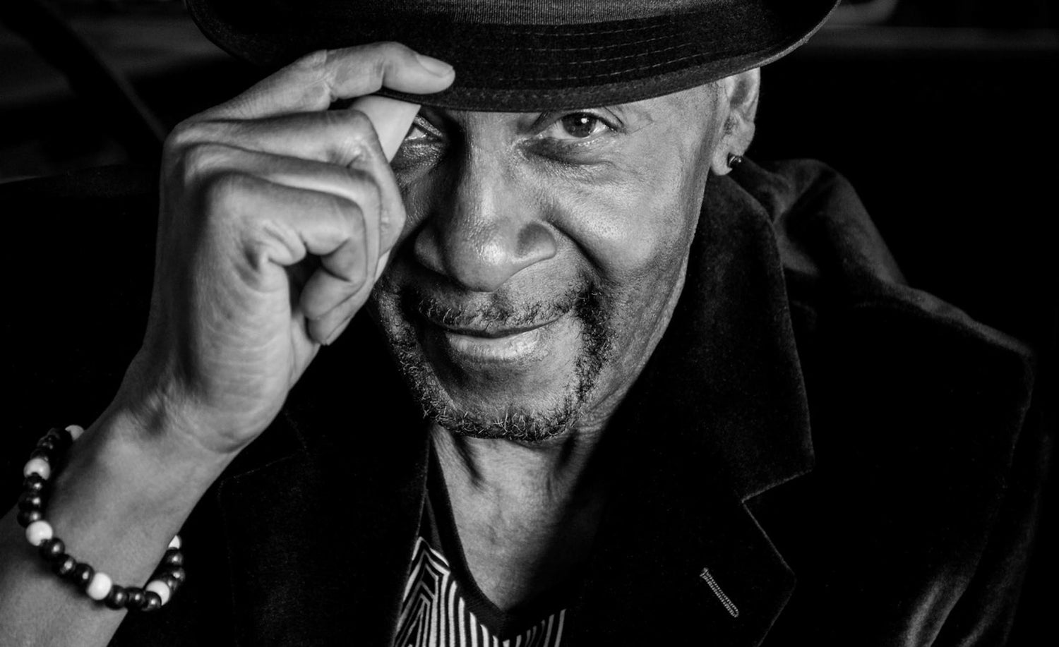 Musician portrait black and white Mike Sutton closeup tipping hat