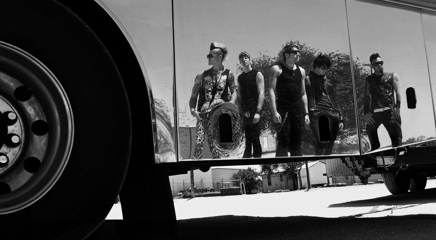 Musical band photo My Darkest Days standing reflection upon tour bus