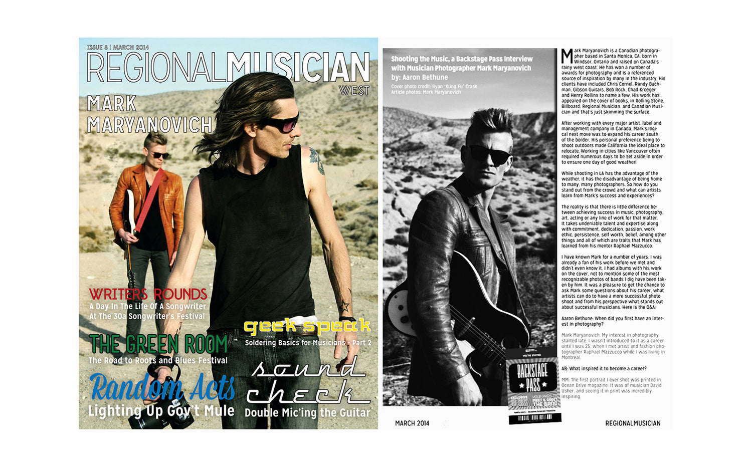 Magazine Cover featuring Mark Maryanovich Publication Regional Musician Mark walking in desert holding camera client in background portrait of client holding guitar in black and white next to text on opposite side