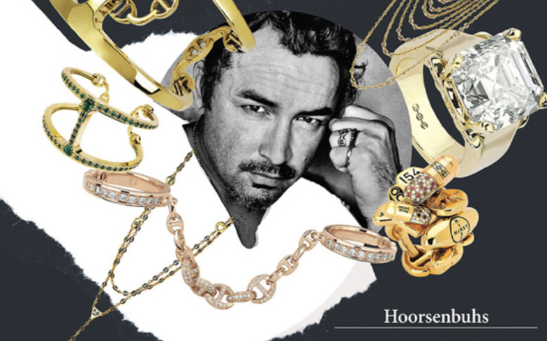 Vogue Magazine Branding Portrait Robert Keith Hoorsenbuhs Luxury Jewelers black and white headshot surrounded by gold jewelry