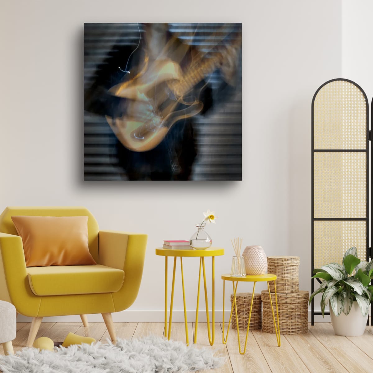 Modern living room with yellow armchair, side table, and abstract guitar painting on the wall.