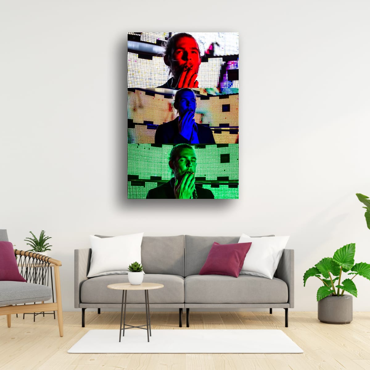 Sofa in a living room with a colorful abstract painting above it