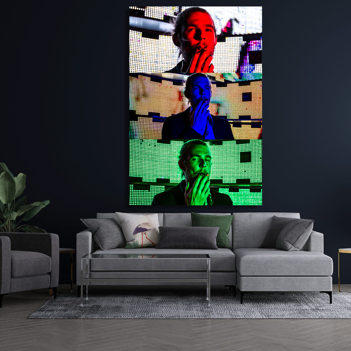 Living room with a large wall art piece featuring colorful abstract faces.