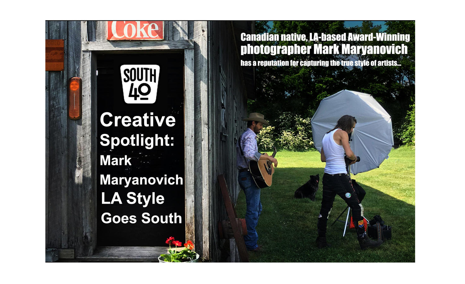 LA portrait photographer Mark Maryanovich South 40 Creative Spotlight page 1 white text on black door of narrow wood building behind the scenes photo Mark standing next to reflector country musician standing behind him holding acoustic guitar