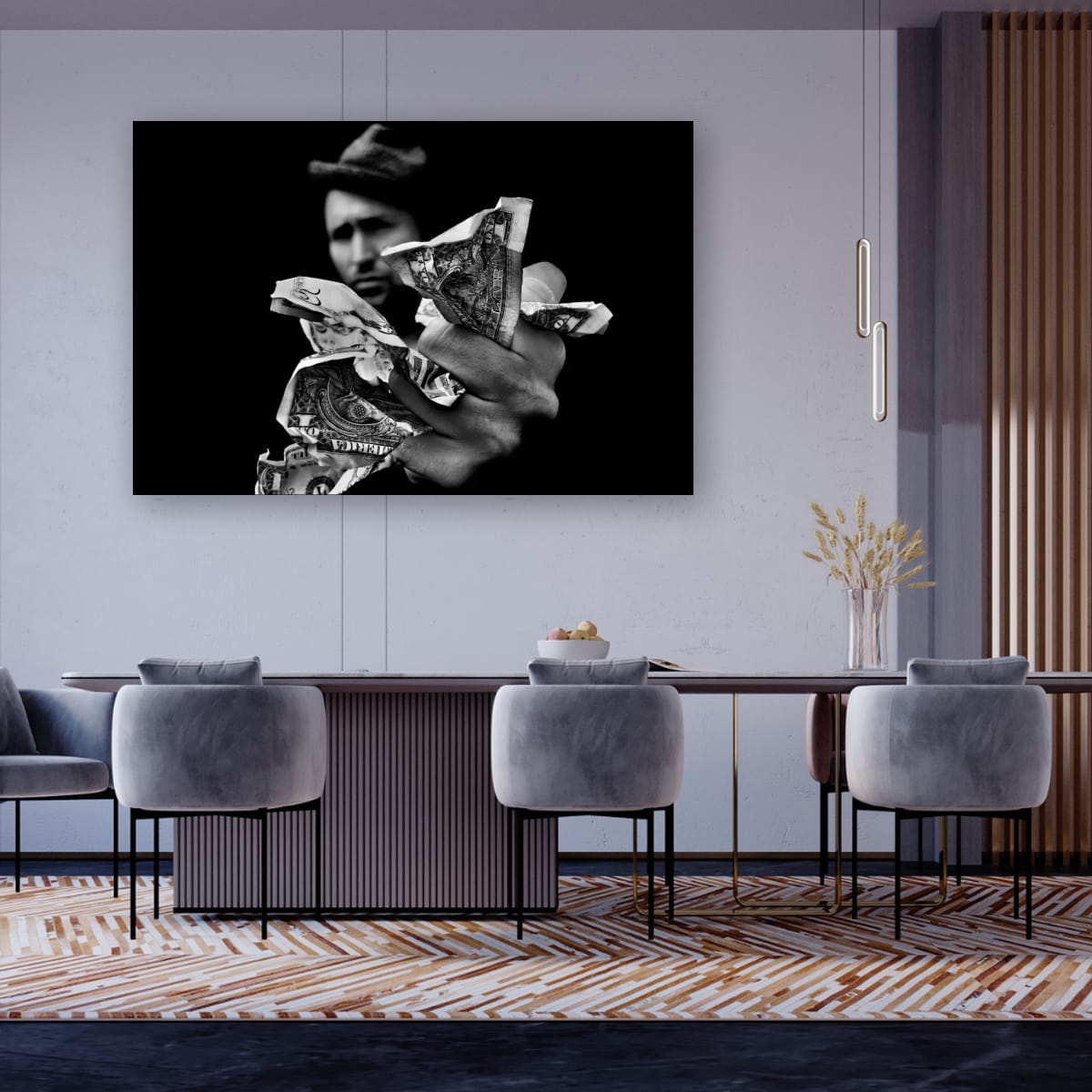 Dining room with a large black and white painting on the wall, modern furniture, and decorative elements.
