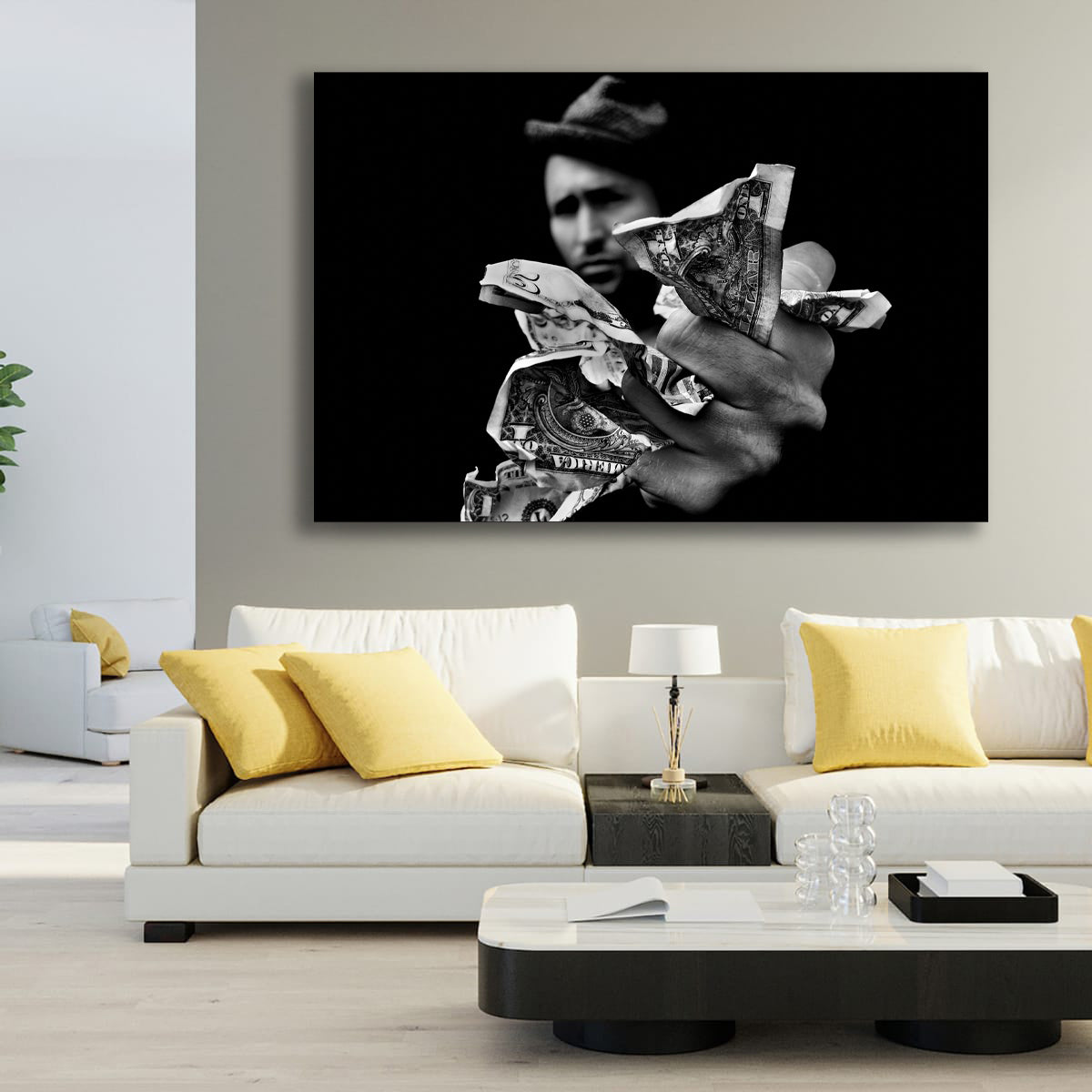Modern living room with a large black and white painting of a person holding money on the wall.