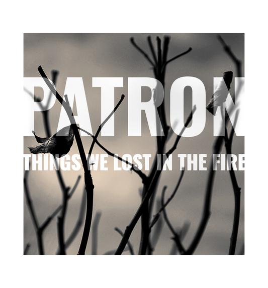 Black and white fine art photograph burnt leaves on bush blowing in wind with words patron and things we lost in the fire written across image